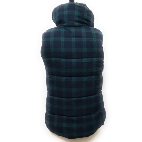 Old Navy Midnight Navy Blue & Green Tartan Plaid Thick Puffer Vest Womens Size X - Picture 2 of 8